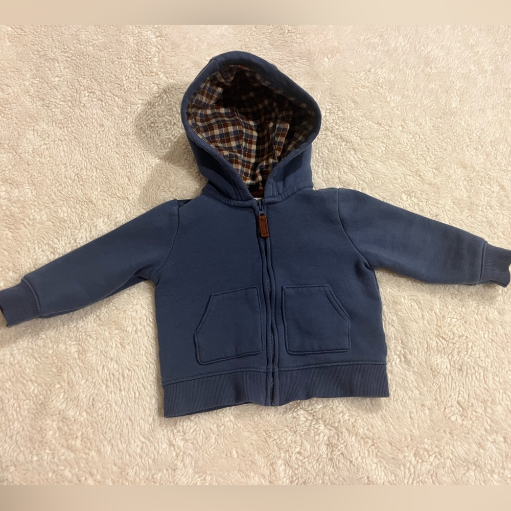 Carter's Blue Hooded Zip-Up Sweatshirt with Plaid Hood Lining